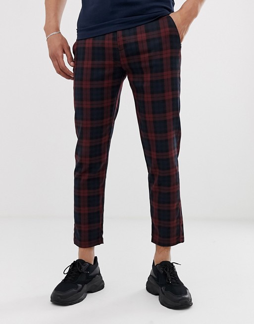 Pull&Bear slim t trousers in navy check | ASOS