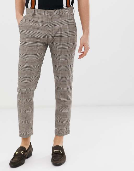 Pull&Bear slim tailored trousers in brown check | ASOS