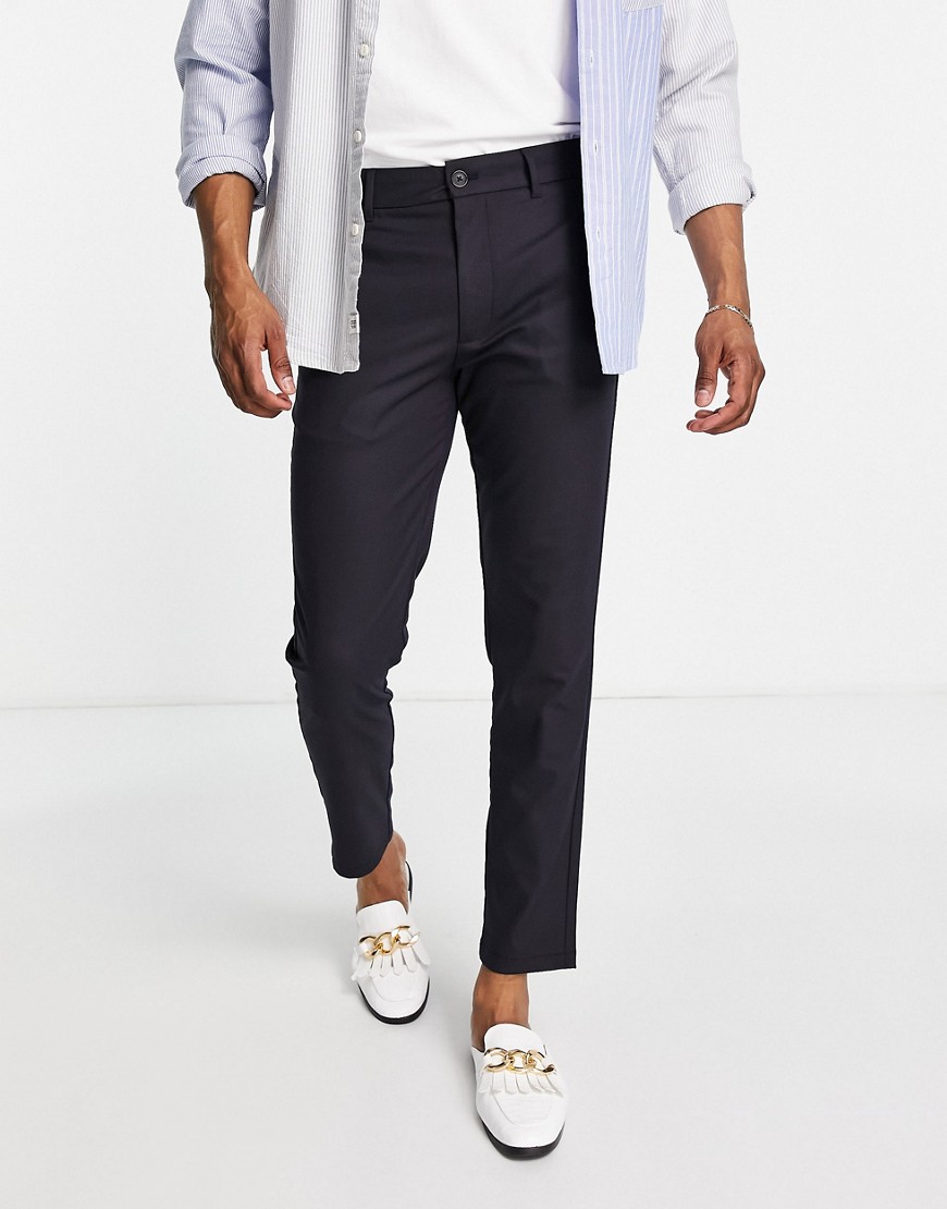 Pull & Bear slim tailored trousers in navy-White