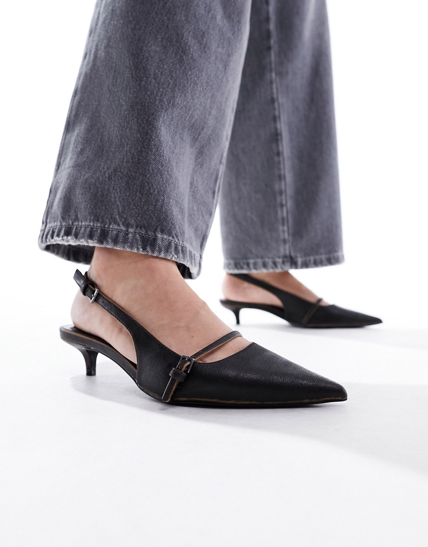 Pull & Bear sling back with buckle detail kitten heel in burnt out black