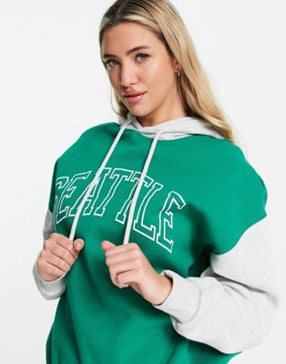 Pull&Bear slogan oversized hoodie with contrast sleeves in green