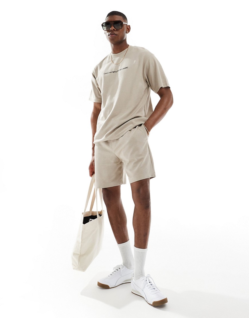Pull & Bear Slogan Shorts In Beige - Part Of A Set-neutral