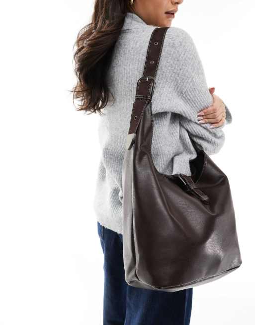 Pull&Bear slouchy city shopper with buckle closure in brown