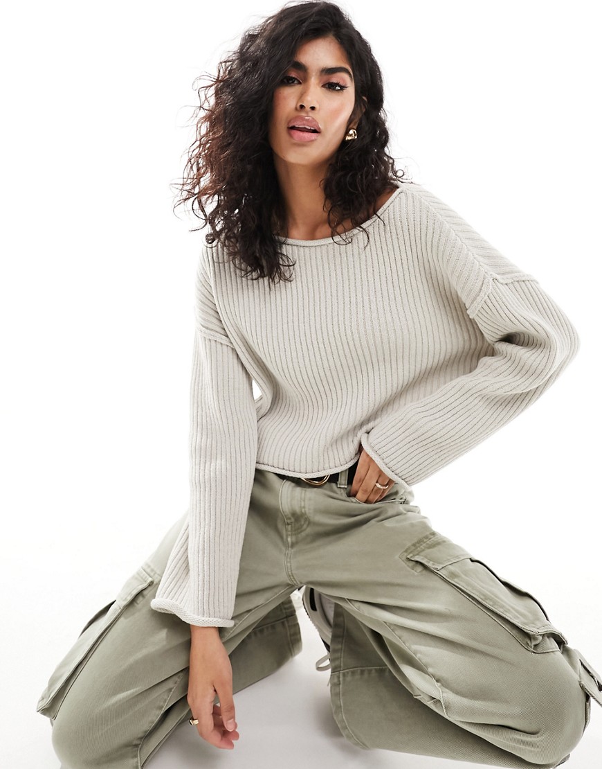 Pull & Bear Slouchy Neck Boxy Ribbed Pullover In Light Gray