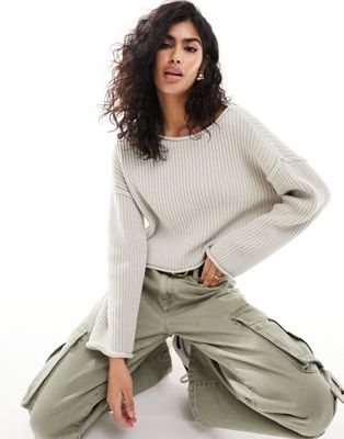 Pull&Bear slouchy neck boxy ribbed pullover in light grey