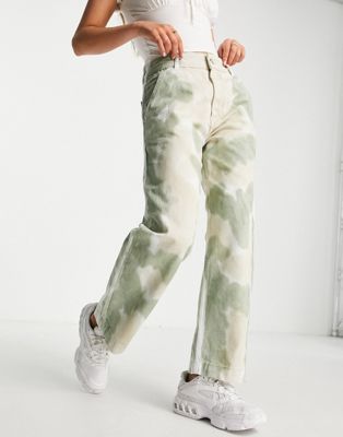 Pull&Bear slouchy tie dye wide leg jeans in green - ASOS Price Checker