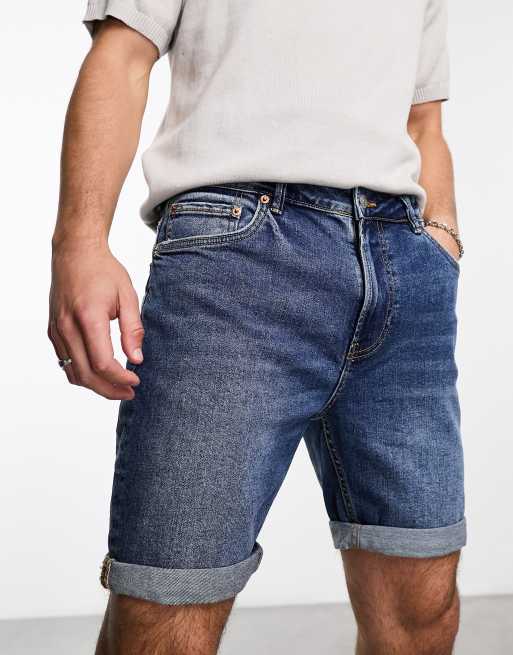 Pull&Bear - Smalle denim short in donkerblauw 