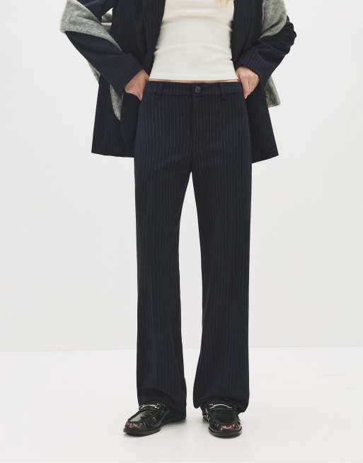 Pull&Bear smart high waist straight leg trousers in black pinstripe, 4 of 4