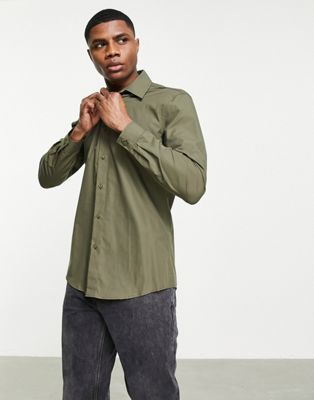 Pull&Bear smart poplin shirt in khaki