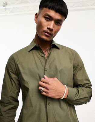 Pull&Bear smart shirt poplin in khaki - ASOS Price Checker