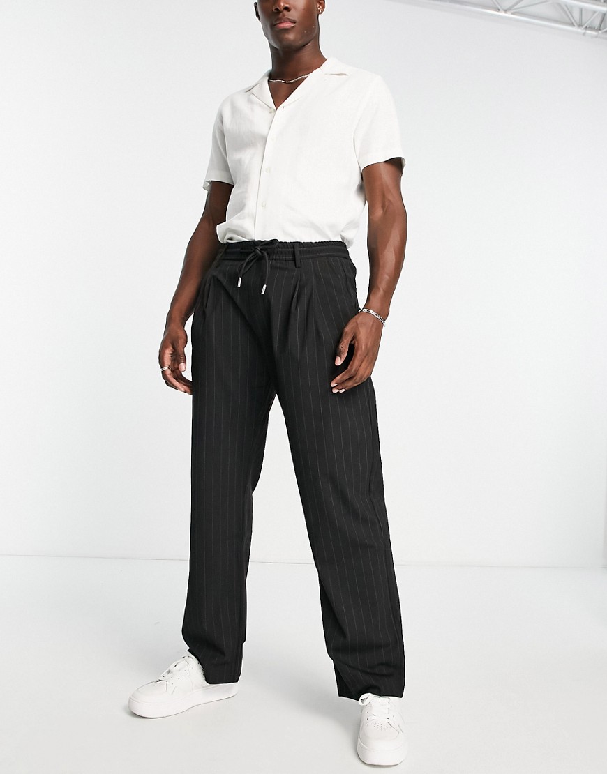 Pull & Bear smart wide leg pants with pinstripes in black