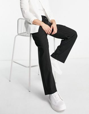 Pull&Bear smart wide leg trousers with pinstripes in black