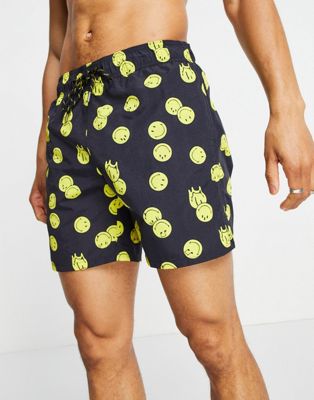 Pull&Bear Smiley swim shorts in black & yellow