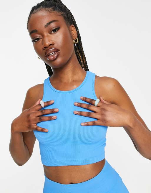 Pull&Bear - Sømløs croptop i blå ribstrik
