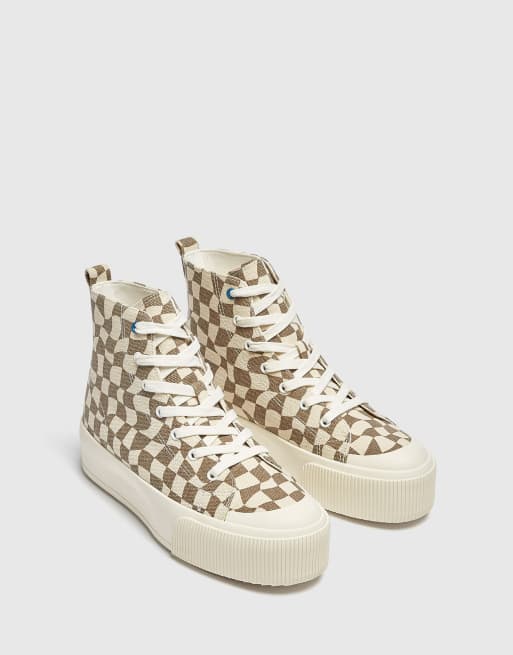 Pull&Bear - Sneakers alte marroni e bianche a quadri
