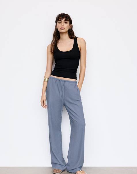 Pull&Bear - Soepelvallende broek van viscose en linnenmix in blauw - view 1