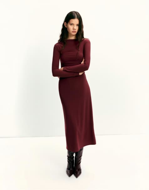 Pull&Bear Soft draped midi dress in burgundy - view 1
