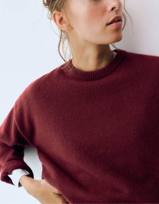 Pull&Bear Soft knit boxy jumper in burgundy, 4 of 7