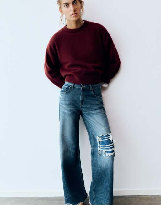 Pull&Bear Soft knit boxy jumper in burgundy, 5 of 7