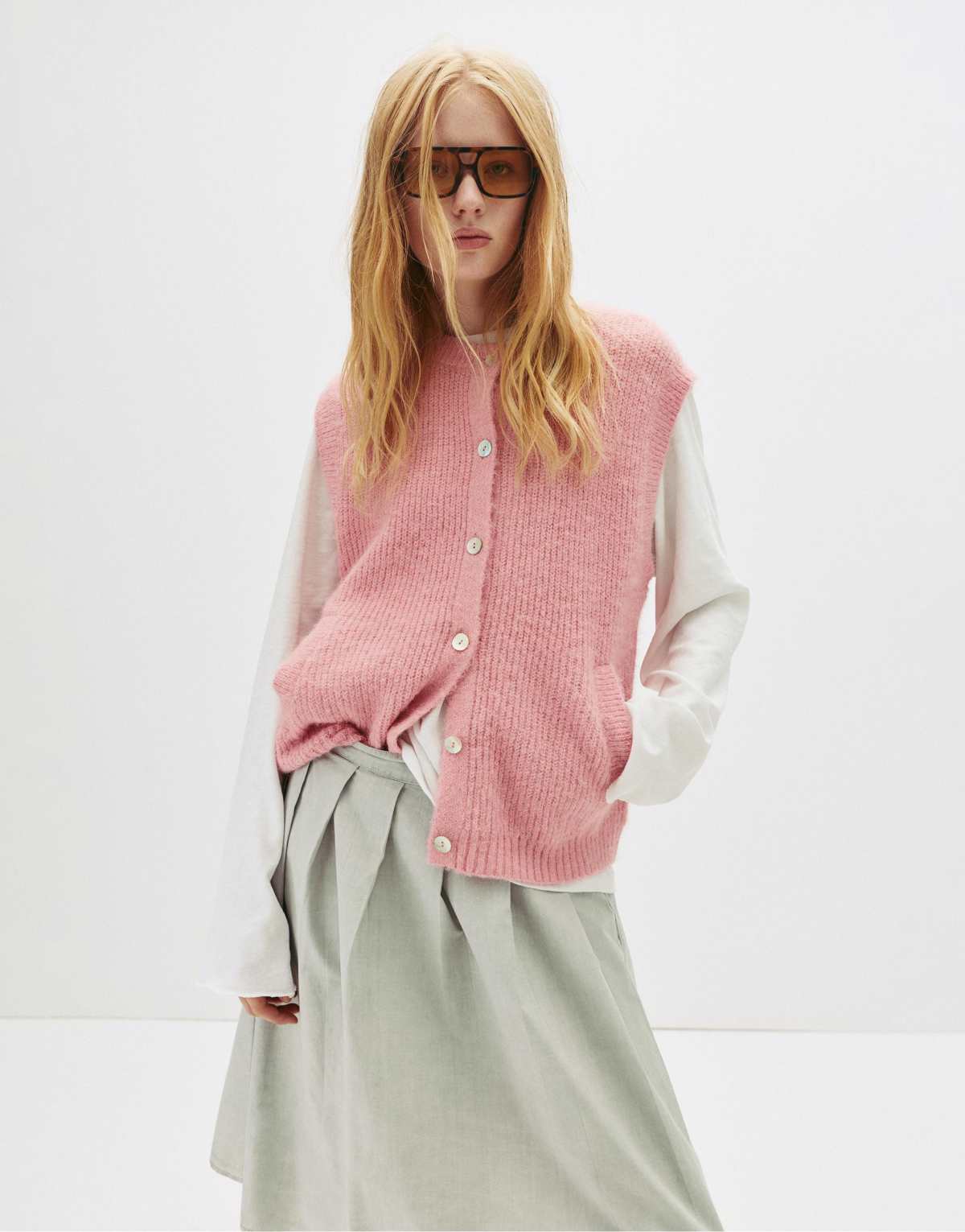 Pull&Bear Soft knit button vest in pink