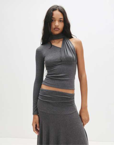 Pull&Bear Soft touch asymmetric t-shirt in grey - view 1