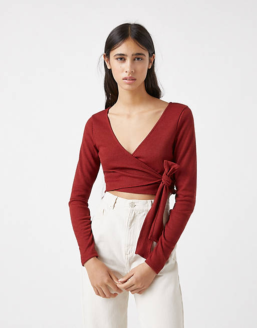 Pull&Bear soft touch ballerina wrap top co-ord in rust
