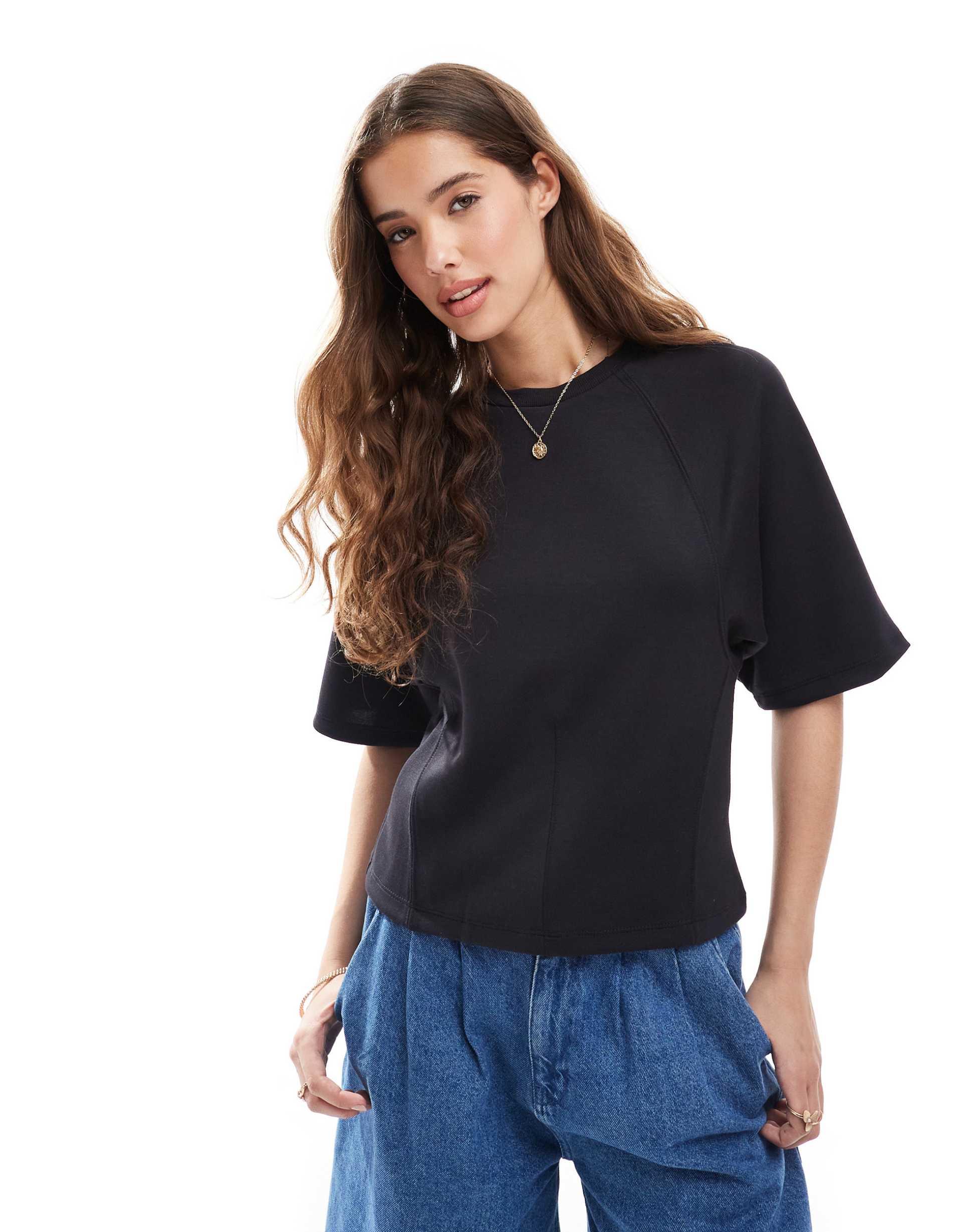 pull&bear soft touch cinched waist t-shirt in black