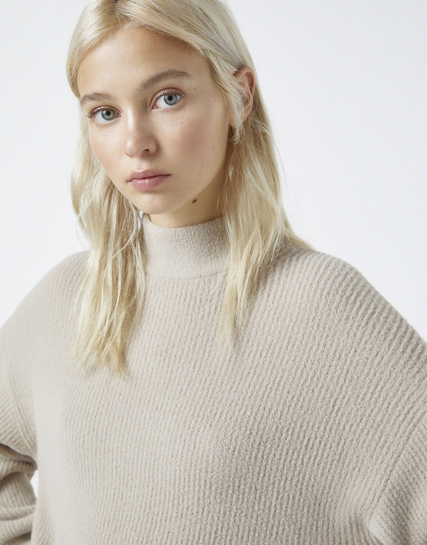 Pull & Bear soft touch high neck sweater in stone-Neutral