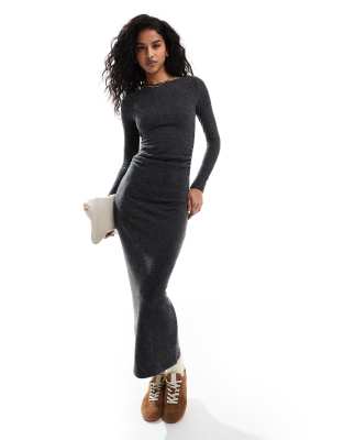 soft touch long sleeve maxi dress in charcoal-Gray