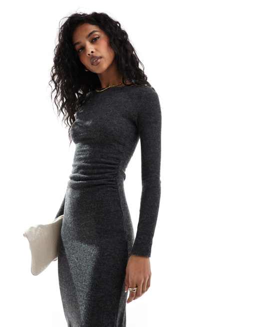Pull&Bear soft touch long sleeve maxi dress in charcoal | ASOS