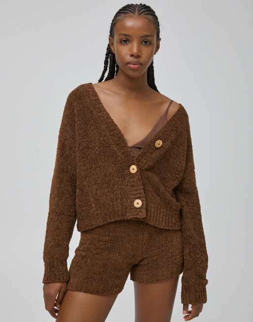 Pull Bear soft touch lounge set cardigan in mocha ASOS