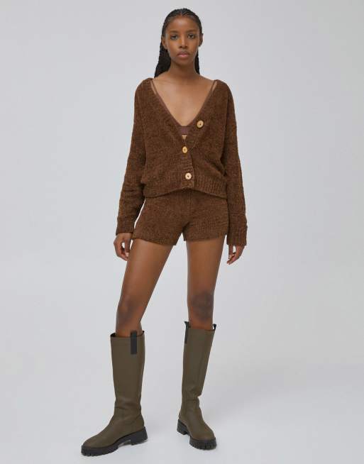 Pull Bear soft touch lounge set cardigan in mocha ASOS