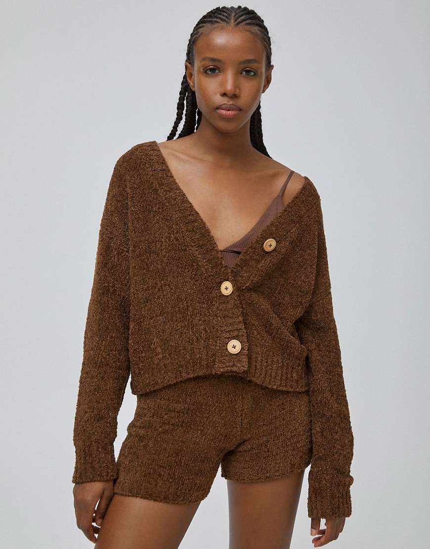 Pull & Bear soft touch lounge set cardigan in mocha-Brown