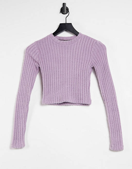 Pull&Bear soft touch ribbed long sleeve top in lilac