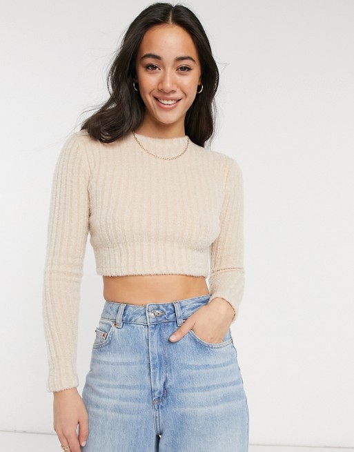 Pull&Bear soft touch ribbed long sleeve top in sand