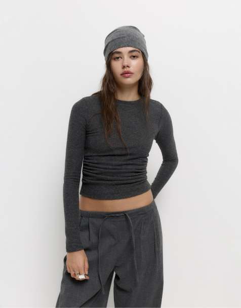 Pull&Bear Soft touch t-shirt with gathered detail in dark grey