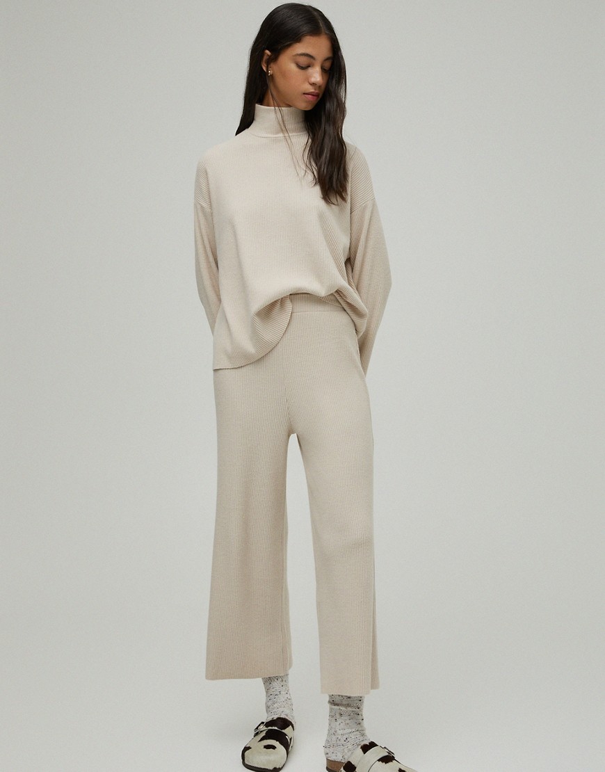 Pull & Bear soft touch wide leg pants set in camel-Neutral