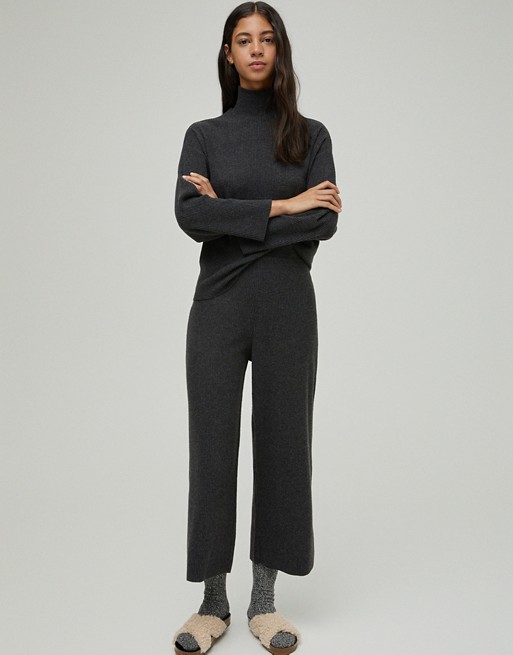 Pull&Bear soft touch wide leg trouser co-ord in black