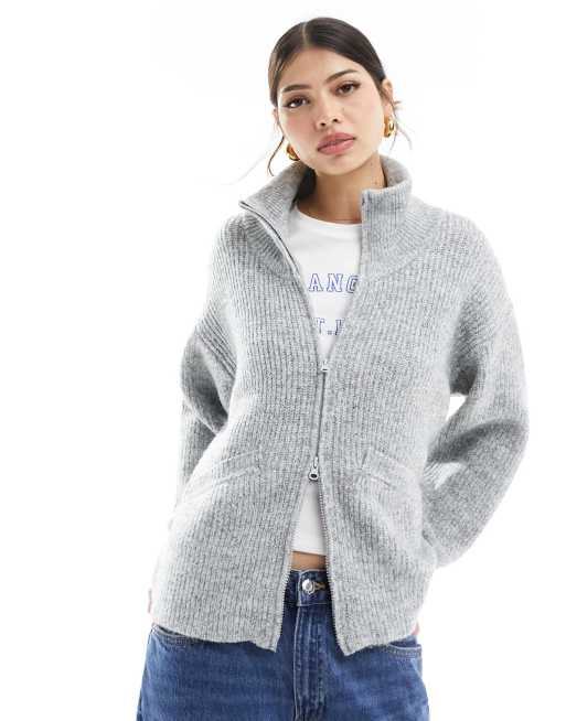 Pull&Bear soft touch zip through knit jumper in grey