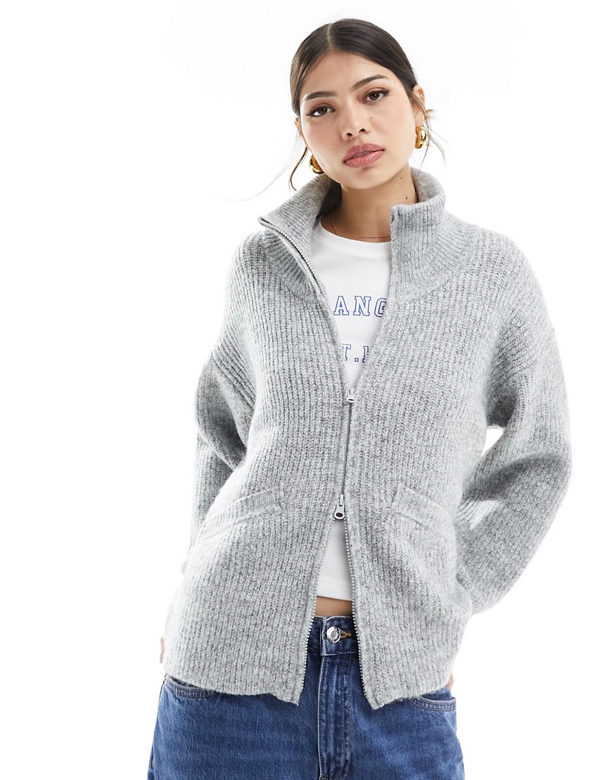 Pull & Bear Soft Touch Zip Through Knit Sweater In Gray