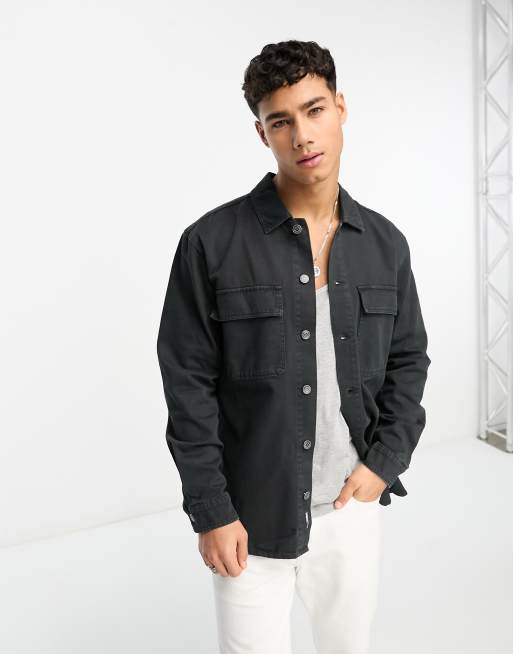 Pull&Bear - Sort arbejdsskjorte i twill