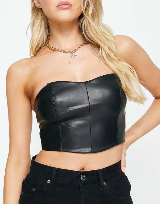 Pull&Bear - Sort bandeau-korset i imiteret læder - Del af sæt 