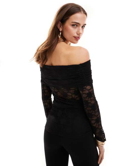 Pull&Bear - Sort bardotoverdel med blonder, 3 af 4