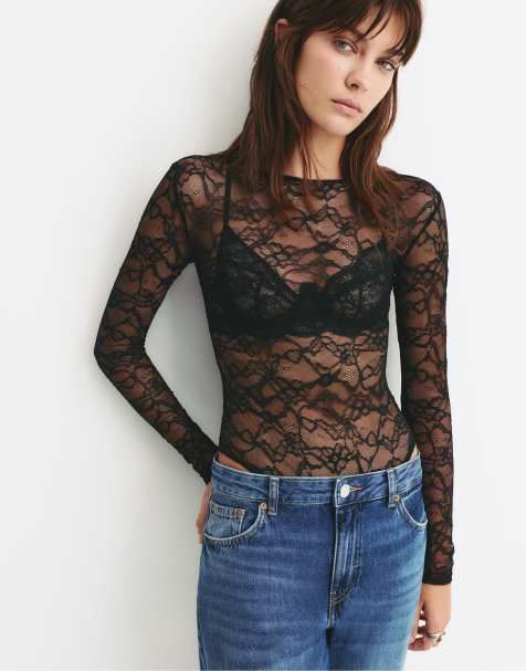Pull&Bear - Sort bodystocking med lange ærmer og blonder - view 1