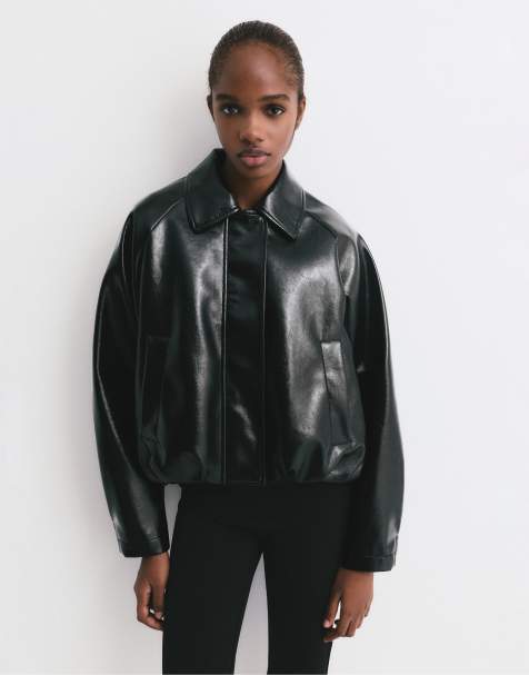 Pull&Bear - Sort bomber-jakke i imiteret vinyl - view 1