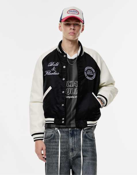 Pull&Bear - Sort bomber-jakke med college-design og broderi - view 1