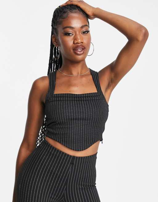 Pull&Bear - Sort, cropped korset-top med nålestriber - Del af sæt