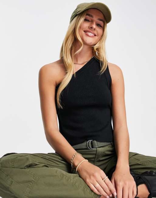 Pull&Bear - Sort cropped oneshoulder-top med åben ryg