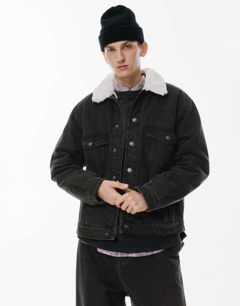 Pull&Bear - Sort denimjakke med krave i imiteret pels - view 1
