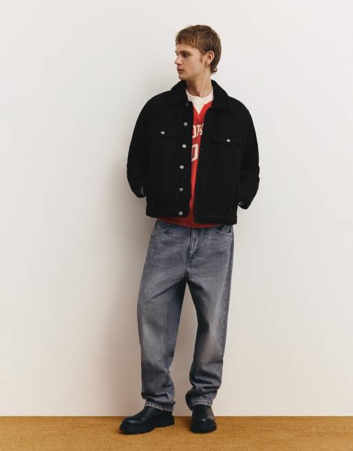 Pull&Bear - Sort falmet denimjakke med krave i imiteret lammeskind, 2 af 4